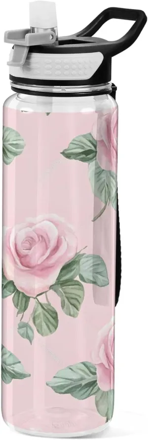Kigai Transparent Sports Water Bottle 32oz, Pink Roses Leakproof Wide Mouth Water Bottle with Straw, BPA Free Water Jug with Detachable Strap & Handle for Fitness Gym Outdoor