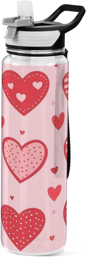 Kigai Transparent Sports Water Bottle 32oz, Red Hearts Leakproof Wide Mouth Water Bottle with Straw, BPA Free Water Jug with Detachable Strap & Handle for Fitness Gym Outdoor