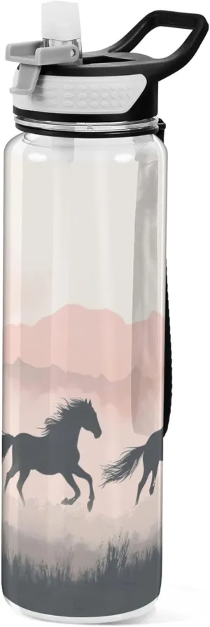 Kigai Transparent Sports Water Bottle 32oz, Running Horses Pink Leakproof Wide Mouth Water Bottle with Straw, BPA Free Water Jug with Detachable Strap & Handle for Fitness Gym Outdoor