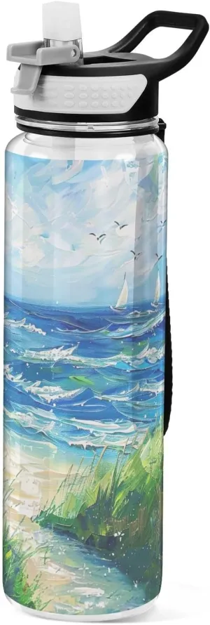 Kigai Transparent Sports Water Bottle 32oz, Sailboats Grass Painting Leakproof Wide Mouth Water Bottle with Straw, BPA Free Water Jug with Detachable Strap & Handle for Fitness Gym Outdoor
