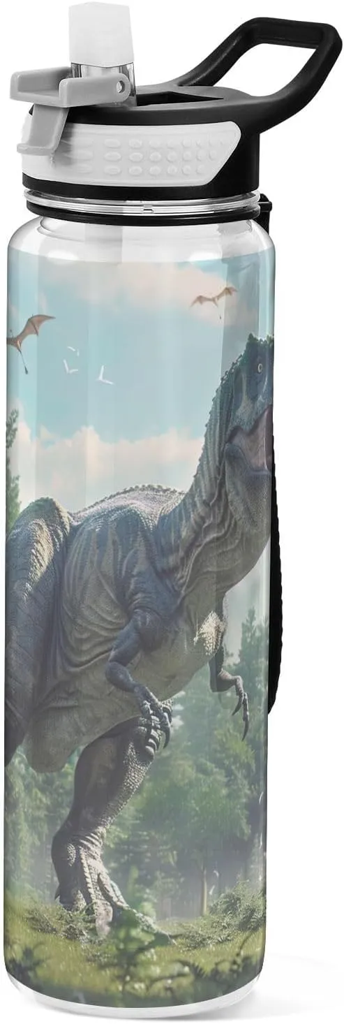 Kigai Transparent Sports Water Bottle 32oz, Scary Dinosaur Leakproof Wide Mouth Water Bottle with Straw, BPA Free Water Jug with Detachable Strap & Handle for Fitness Gym Outdoor