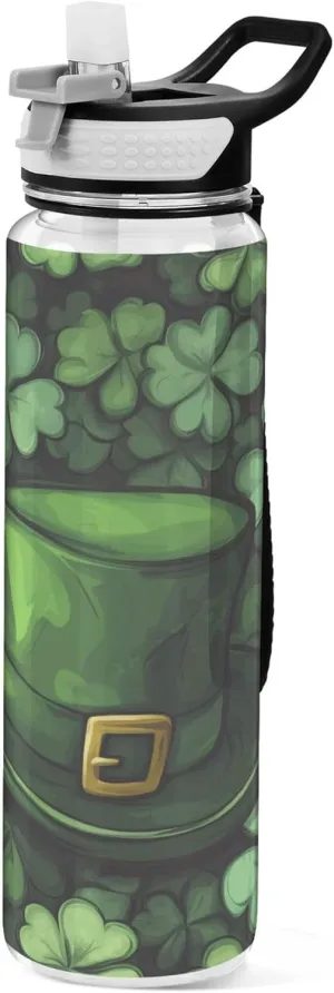 Kigai Transparent Sports Water Bottle 32oz, St. Patrick Hat Clover Leakproof Wide Mouth Water Bottle with Straw, BPA Free Water Jug with Detachable Strap & Handle for Fitness Gym Outdoor