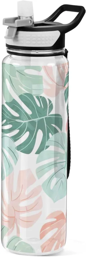 Kigai Transparent Sports Water Bottle 32oz, Trendy Monstera Leaves Leakproof Wide Mouth Water Bottle with Straw, BPA Free Water Jug with Detachable Strap & Handle for Fitness Gym Outdoor