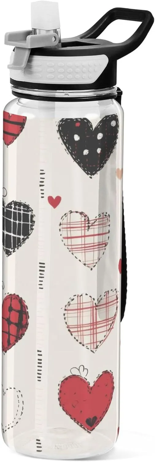 Kigai Transparent Sports Water Bottle 32oz, Valentine Hearts Leakproof Wide Mouth Water Bottle with Straw, BPA Free Water Jug with Detachable Strap & Handle for Fitness Gym Outdoor