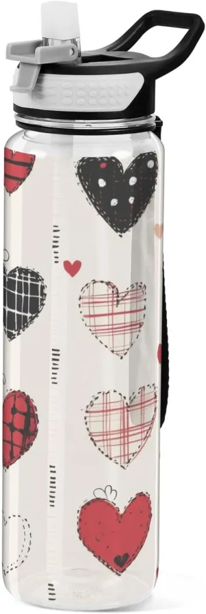 Kigai Transparent Sports Water Bottle 32oz, Valentine Hearts Leakproof Wide Mouth Water Bottle with Straw, BPA Free Water Jug with Detachable Strap & Handle for Fitness Gym Outdoor