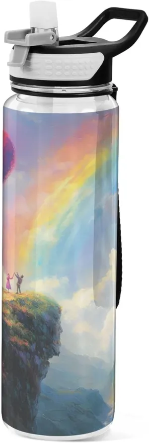 Kigai Transparent Sports Water Bottle 32oz, Valentine Lover Heart Rainbow Leakproof Wide Mouth Water Bottle with Straw, BPA Free Water Jug with Detachable Strap & Handle for Fitness Gym Outdoor