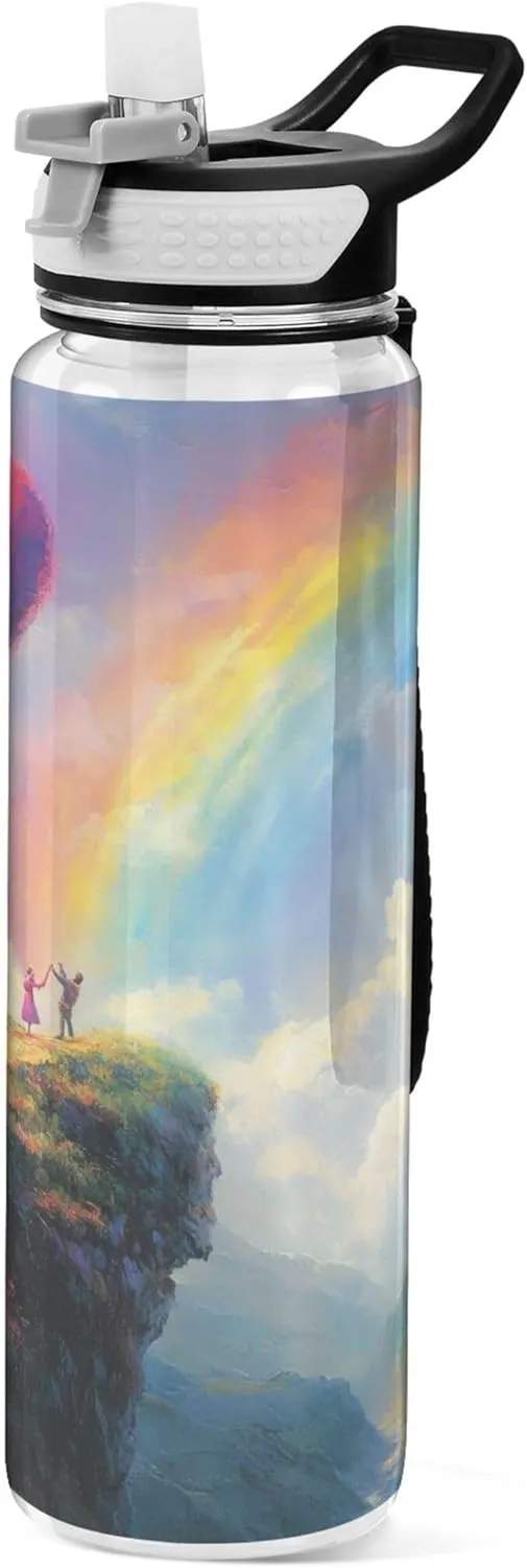 Kigai Transparent Sports Water Bottle 32oz, Valentine Lover Heart Rainbow Leakproof Wide Mouth Water Bottle with Straw, BPA Free Water Jug with Detachable Strap & Handle for Fitness Gym Outdoor