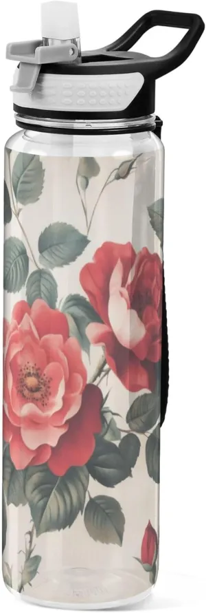 Kigai Transparent Sports Water Bottle 32oz, Valentine Retro Rose Leakproof Wide Mouth Water Bottle with Straw, BPA Free Water Jug with Detachable Strap & Handle for Fitness Gym Outdoor