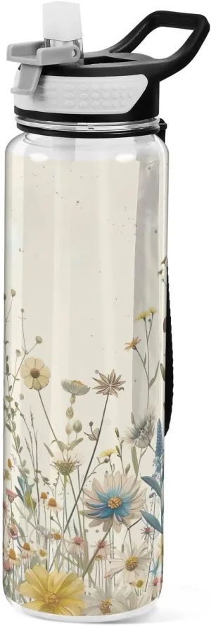 Kigai Transparent Sports Water Bottle 32oz, Vintage Wildflowers Leakproof Wide Mouth Water Bottle with Straw, BPA Free Water Jug with Detachable Strap & Handle for Fitness Gym Outdoor