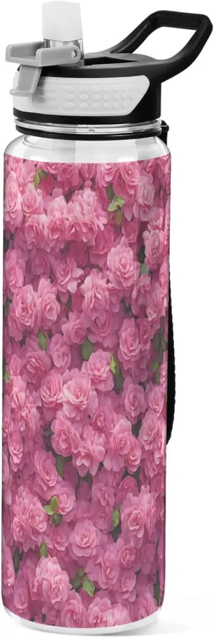Kigai Transparent Sports Water Bottle 32oz, Wall Of Pink Roses Leakproof Wide Mouth Water Bottle with Straw, BPA Free Water Jug with Detachable Strap & Handle for Fitness Gym Outdoor