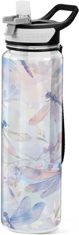 Kigai Transparent Sports Water Bottle 32oz, Watercolor Dragonflies Leakproof Wide Mouth Water Bottle with Straw, BPA Free Water Jug with Detachable Strap & Handle for Fitness Gym Outdoor