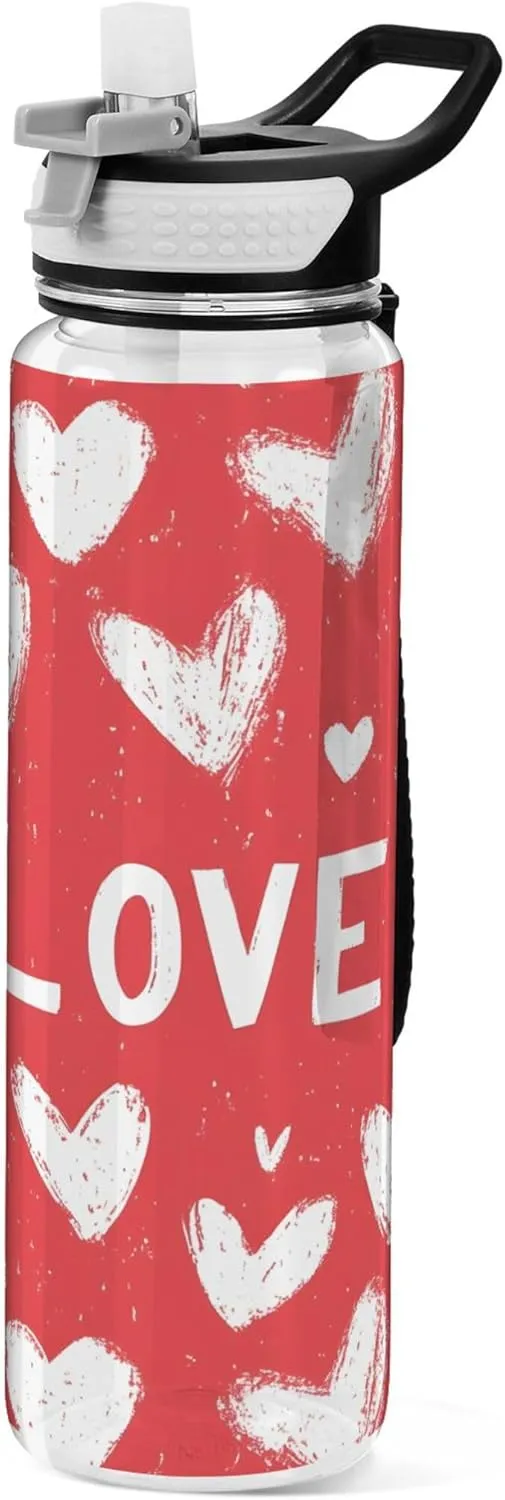 Kigai Transparent Sports Water Bottle 32oz, White Hearts Leakproof Wide Mouth Water Bottle with Straw, BPA Free Water Jug with Detachable Strap & Handle for Fitness Gym Outdoor