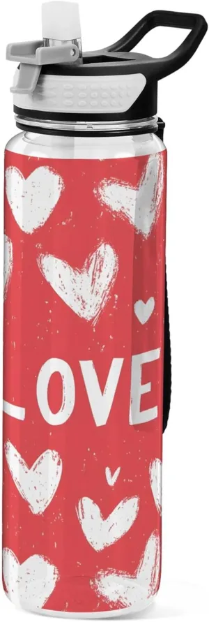 Kigai Transparent Sports Water Bottle 32oz, White Hearts Leakproof Wide Mouth Water Bottle with Straw, BPA Free Water Jug with Detachable Strap & Handle for Fitness Gym Outdoor