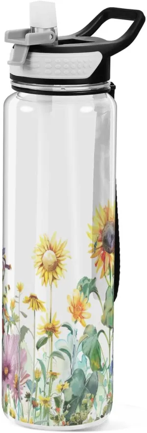 Kigai Transparent Sports Water Bottle 32oz, Wild Flowers Butterflies Leakproof Wide Mouth Water Bottle with Straw, BPA Free Water Jug with Detachable Strap & Handle for Fitness Gym Outdoor