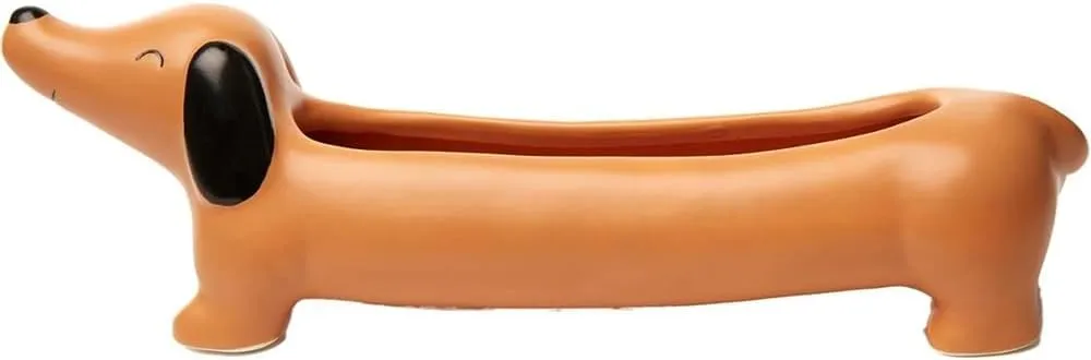 Kikkerland Daisy The Dachshund Porcelain Dog Planter – Small Pot for Flowers, Succulents, Plants – Decor for Home, Garden, or Office