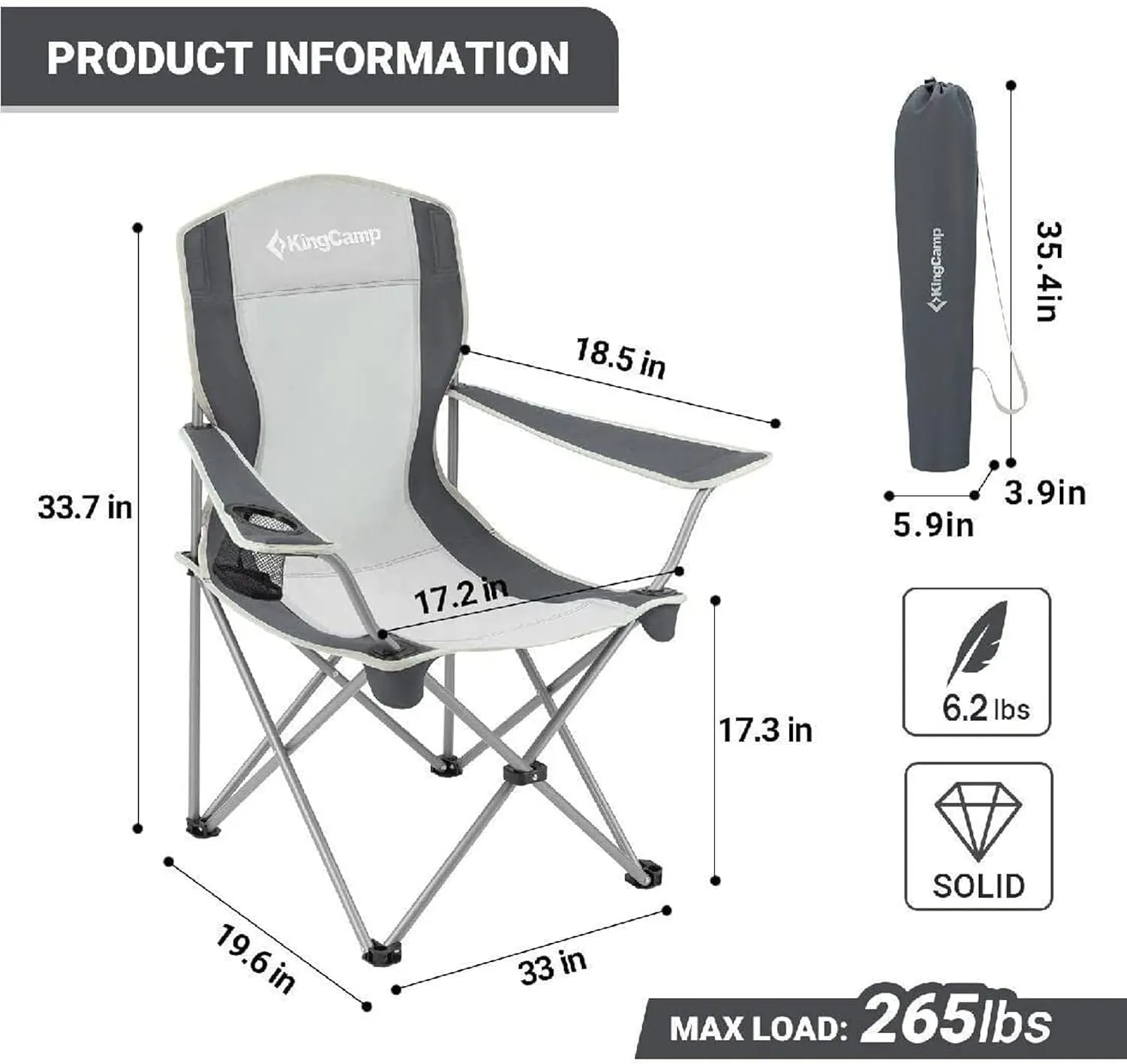KingCamp Lightweight Folding Outdoor Lounge Chair with Cupholder and Adjustable Armrests for Camping, Sporting Events, or Tailgating, Black/Grey