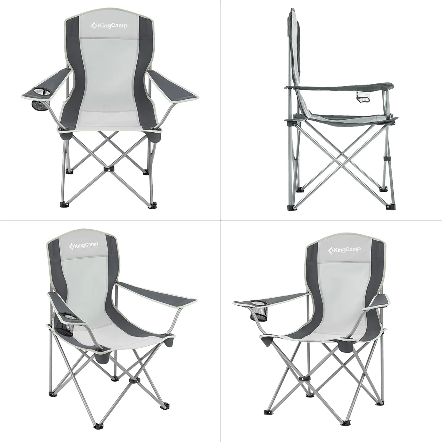 KingCamp Lightweight Folding Outdoor Lounge Chair with Cupholder and Adjustable Armrests for Camping, Sporting Events, or Tailgating, Black/Grey