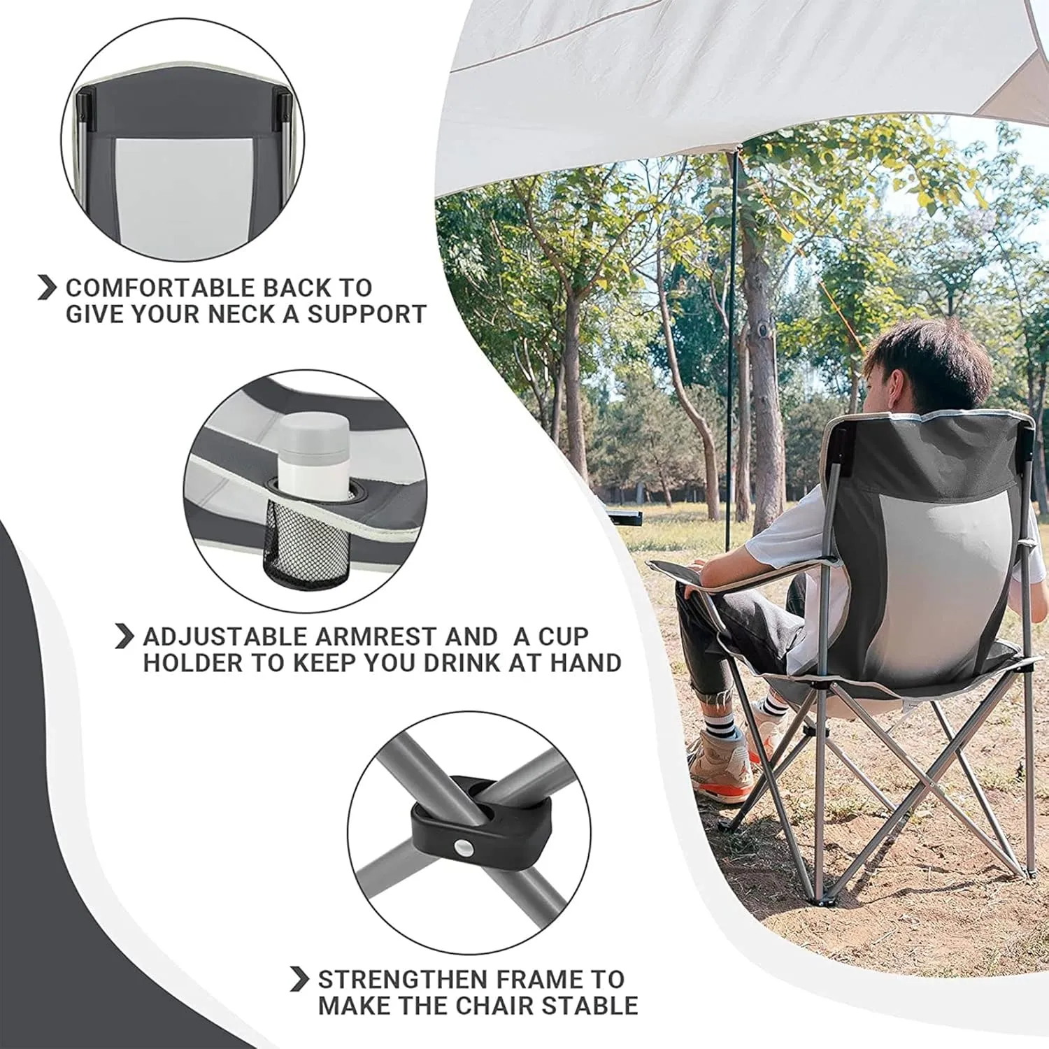 KingCamp Lightweight Folding Outdoor Lounge Chair with Cupholder and Adjustable Armrests for Camping, Sporting Events, or Tailgating, Black/Grey