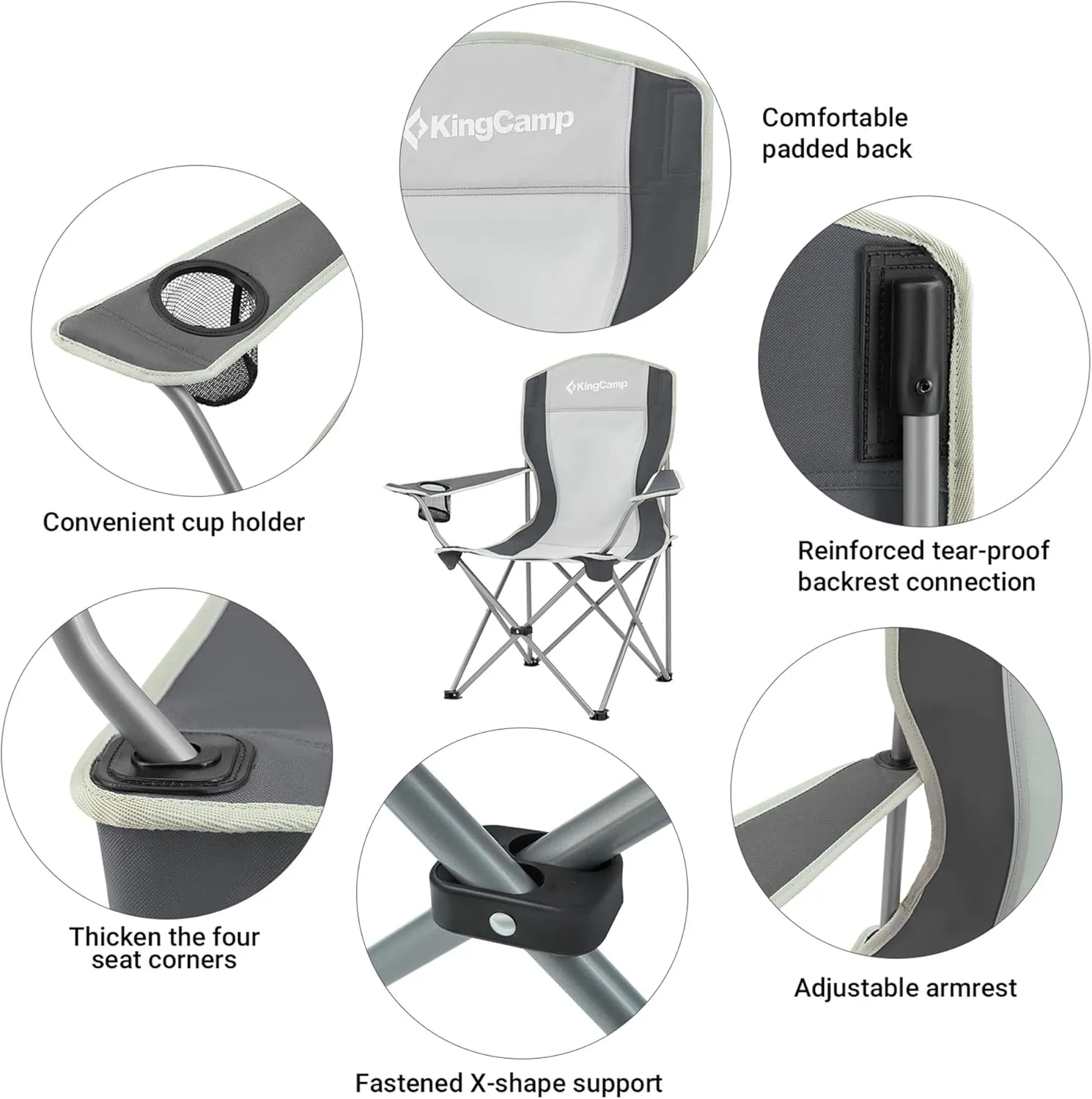 KingCamp Lightweight Folding Outdoor Lounge Chair with Cupholder and Adjustable Armrests for Camping, Sporting Events, or Tailgating, Black/Grey