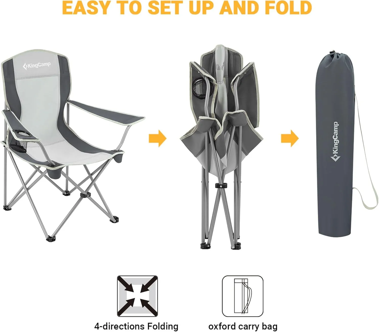 KingCamp Lightweight Folding Outdoor Lounge Chair with Cupholder and Adjustable Armrests for Camping, Sporting Events, or Tailgating, Black/Grey