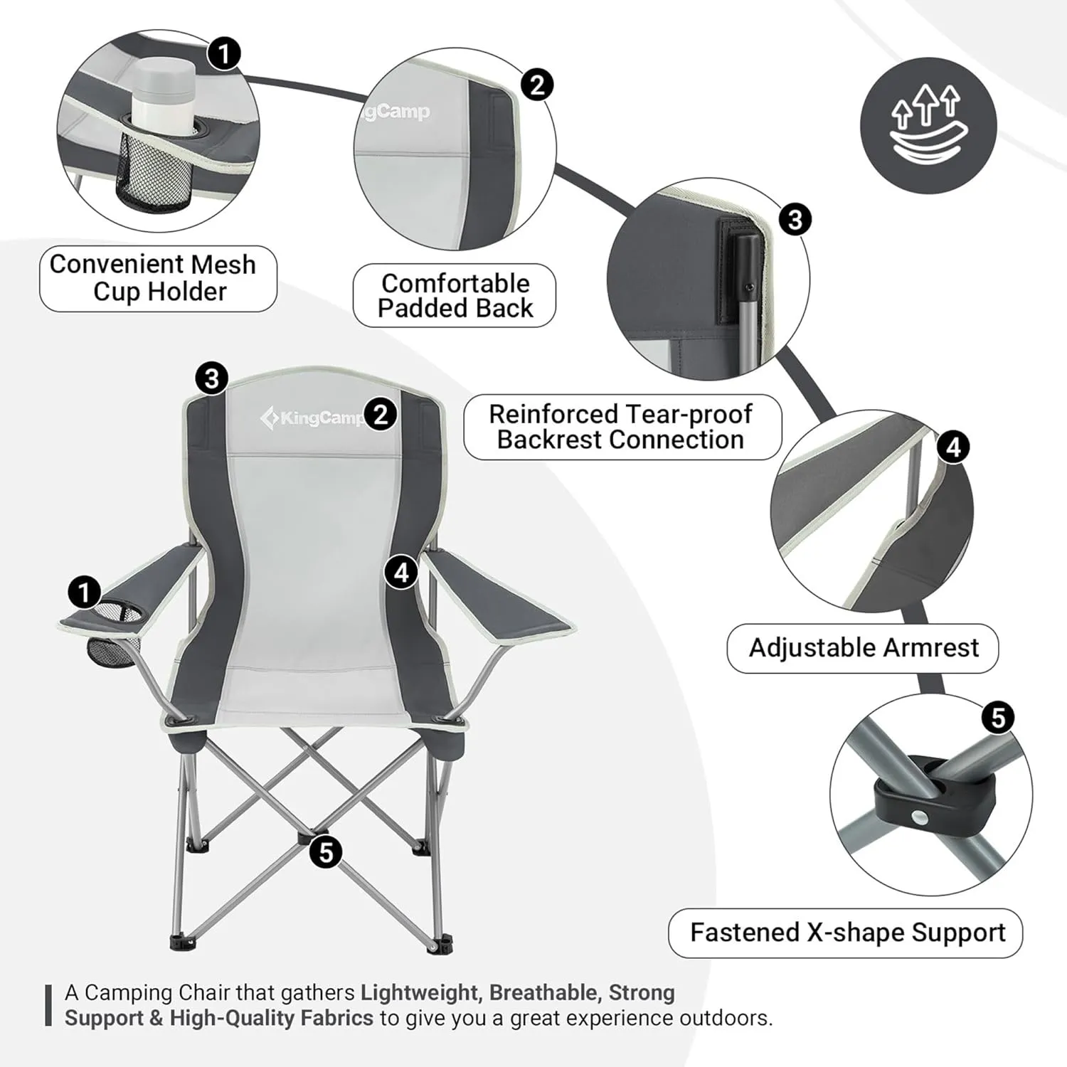 KingCamp Lightweight Folding Outdoor Lounge Chair with Cupholder and Adjustable Armrests for Camping, Sporting Events, or Tailgating, Black/Grey