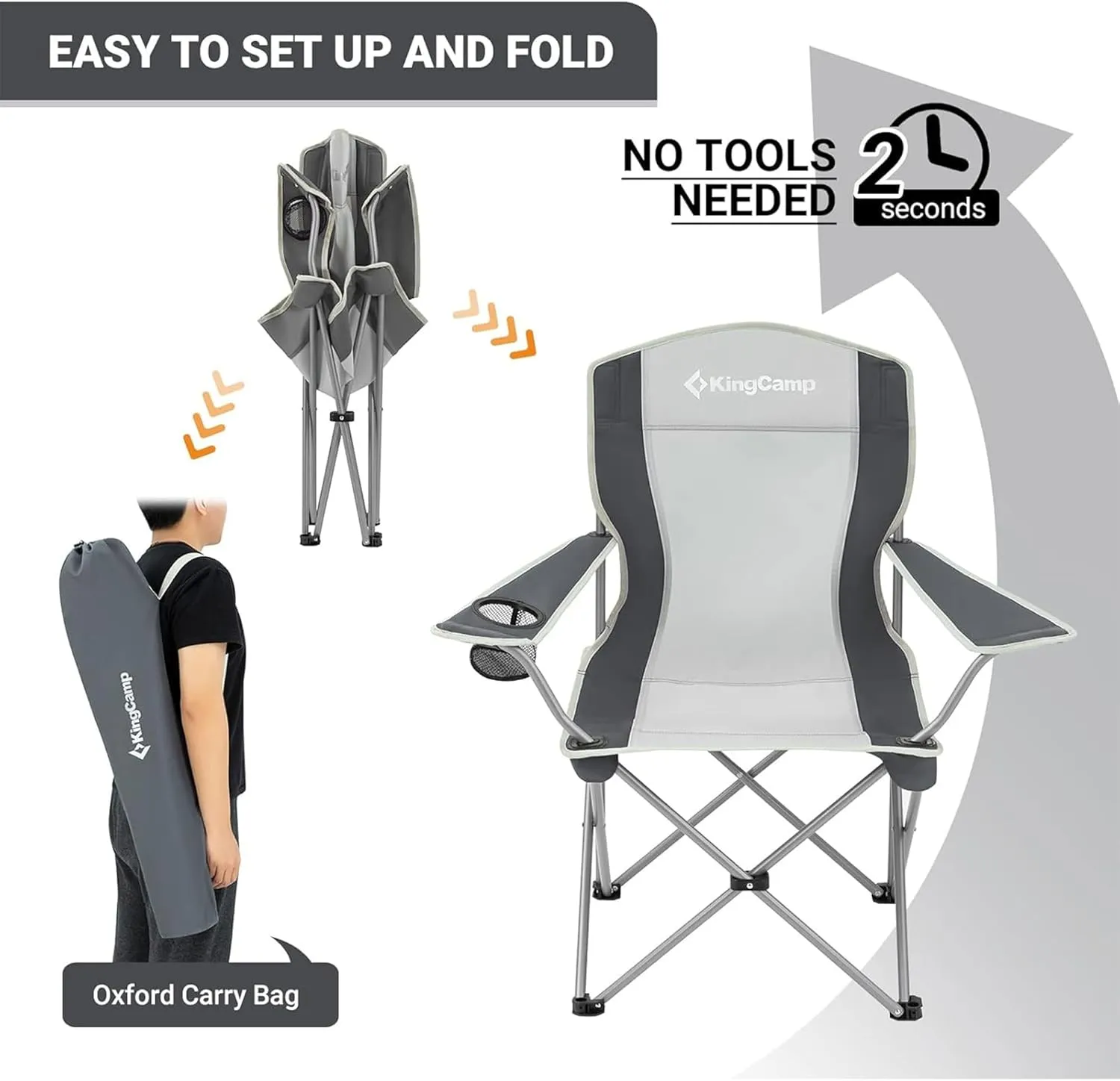 KingCamp Lightweight Folding Outdoor Lounge Chair with Cupholder and Adjustable Armrests for Camping, Sporting Events, or Tailgating, Black/Grey