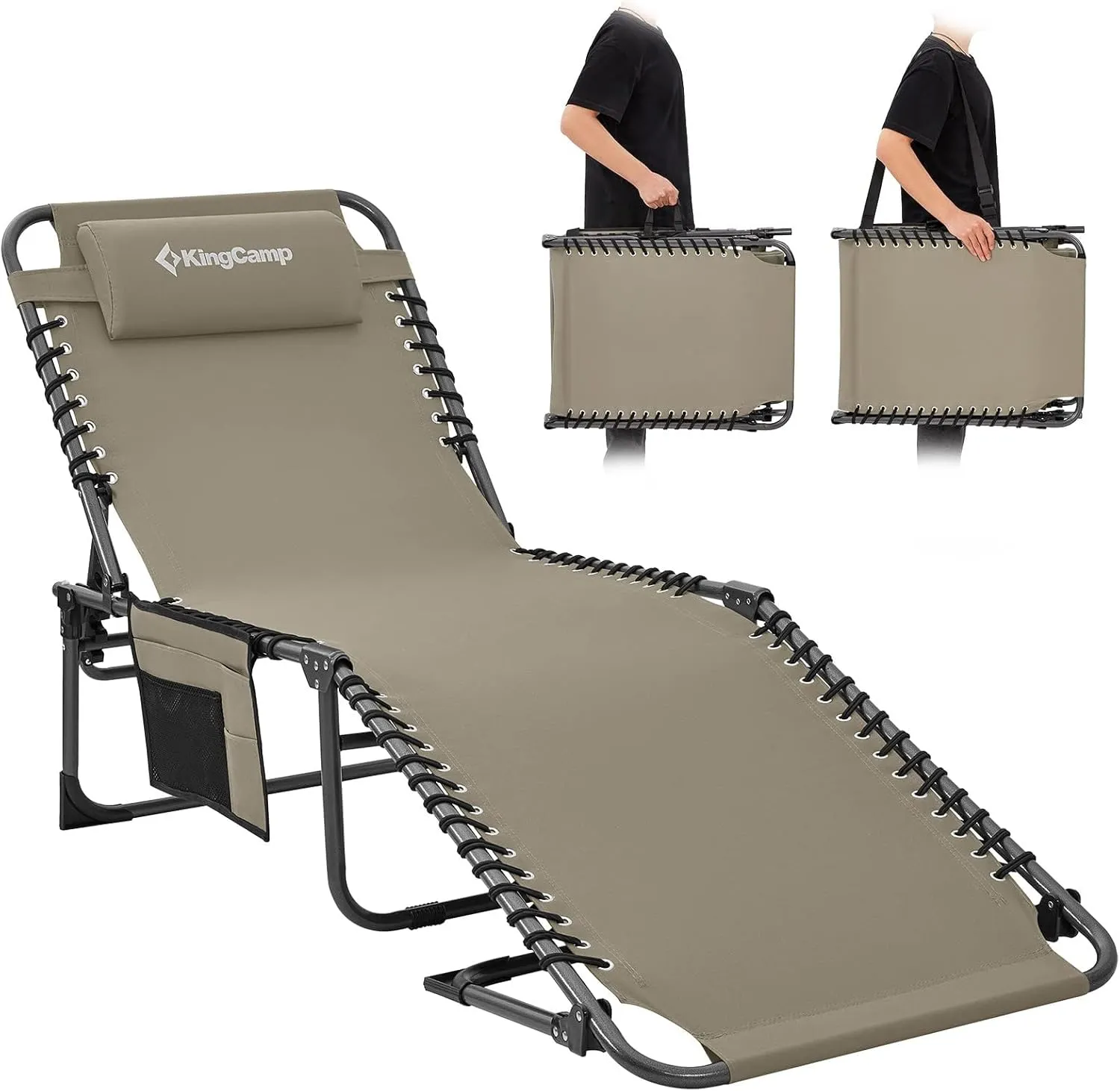 KingCamp Lounge Chair Outdoor, Folding Portable Tanning Chairs Comfy Adjustable 5-Position Lay Flat Foldable Chaise Chaser Lounger with Pillow for Outside Beach Patio Sun Bathing Pool Backyard, Beige