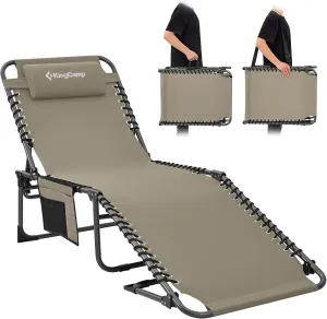 KingCamp Lounge Chair Outdoor, Folding Portable Tanning Chairs Comfy Adjustable 5-Position Lay Flat Foldable Chaise Chaser Lounger with Pillow for Outside Beach Patio Sun Bathing Pool Backyard, Beige