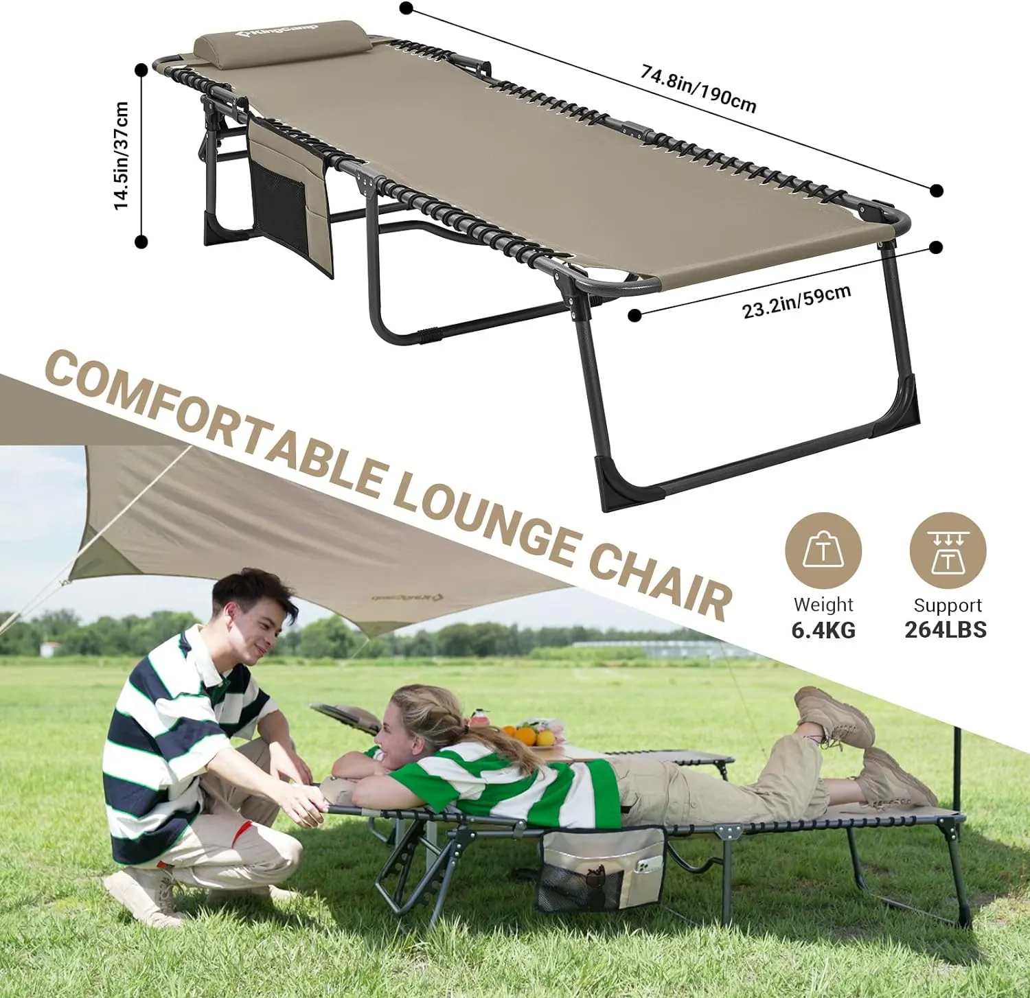 KingCamp Lounge Chair Outdoor, Folding Portable Tanning Chairs Comfy Adjustable 5-Position Lay Flat Foldable Chaise Chaser Lounger with Pillow for Outside Beach Patio Sun Bathing Pool Backyard, Beige