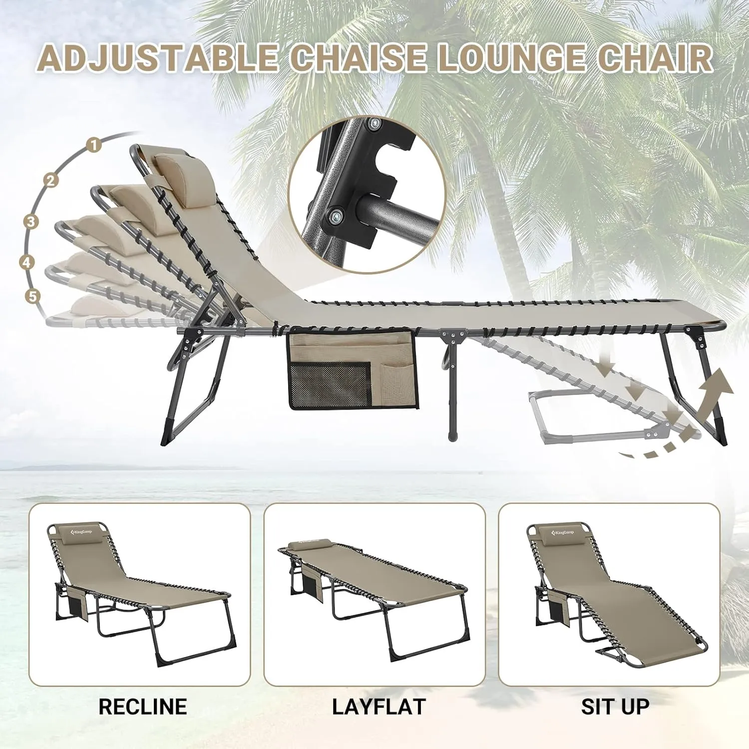 KingCamp Lounge Chair Outdoor, Folding Portable Tanning Chairs Comfy Adjustable 5-Position Lay Flat Foldable Chaise Chaser Lounger with Pillow for Outside Beach Patio Sun Bathing Pool Backyard, Beige