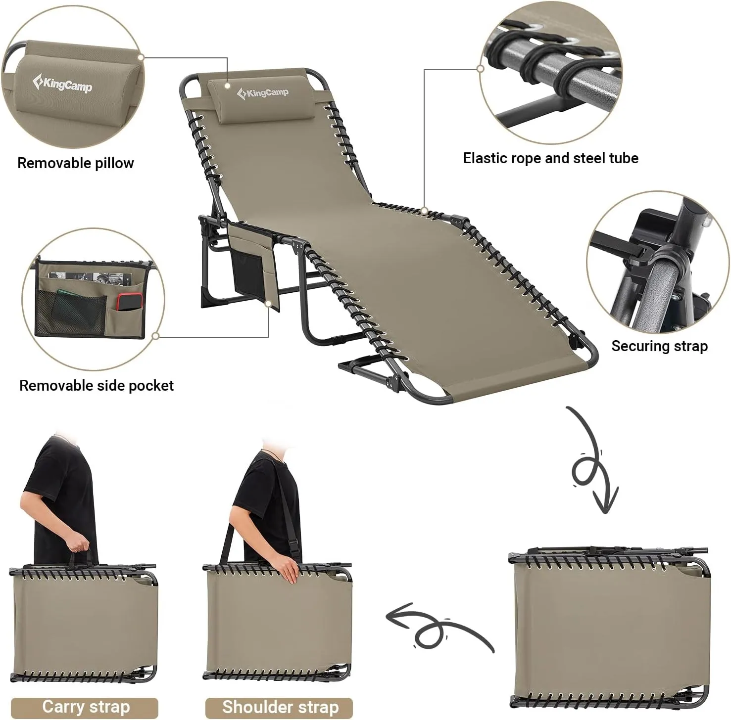KingCamp Lounge Chair Outdoor, Folding Portable Tanning Chairs Comfy Adjustable 5-Position Lay Flat Foldable Chaise Chaser Lounger with Pillow for Outside Beach Patio Sun Bathing Pool Backyard, Beige