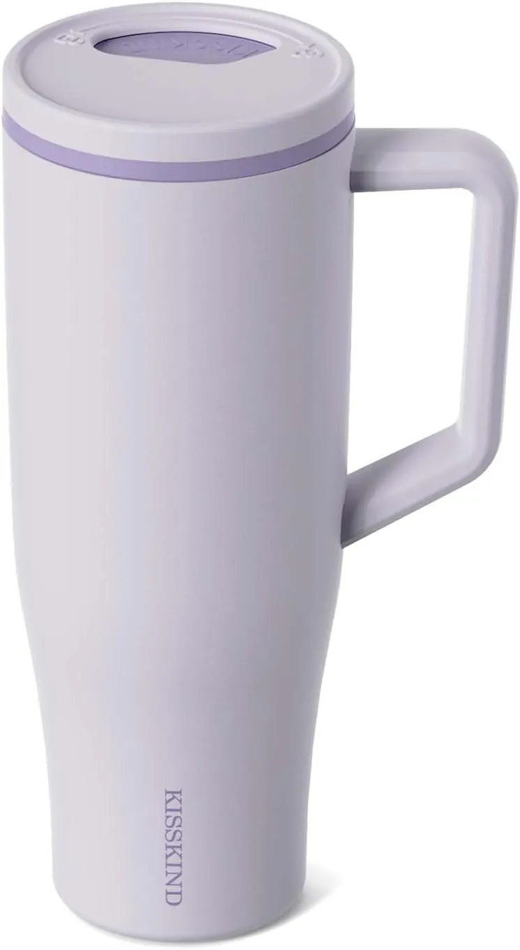 KISSKIND 40 oz Tumbler with Handle and Straw | 100% Leakproof Insulated Tumbler with Lid and Straw | Stainless Steel Water Bottle | Cup Holder Friendly Base | Lavender