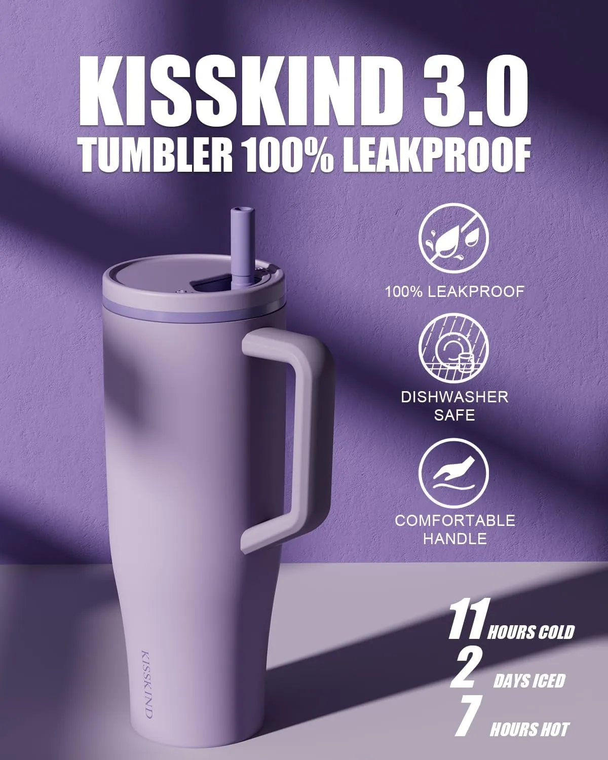 KISSKIND 40 oz Tumbler with Handle and Straw | 100% Leakproof Insulated Tumbler with Lid and Straw | Stainless Steel Water Bottle | Cup Holder Friendly Base | Lavender
