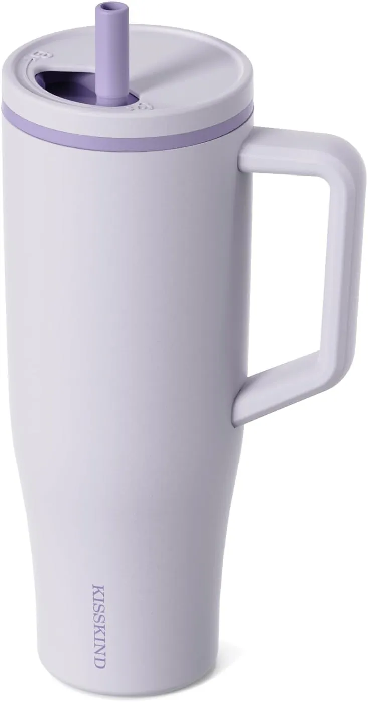 KISSKIND 40 oz Tumbler with Handle and Straw | 100% Leakproof Insulated Tumbler with Lid and Straw | Stainless Steel Water Bottle | Cup Holder Friendly Base | Lavender