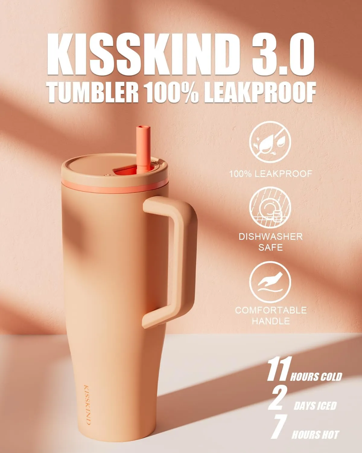 KISSKIND 40 oz Tumbler with Handle and Straw | 100% Leakproof Insulated Tumbler with Lid and Straw | Stainless Steel Water Bottle | Cup Holder Friendly Base | Orange