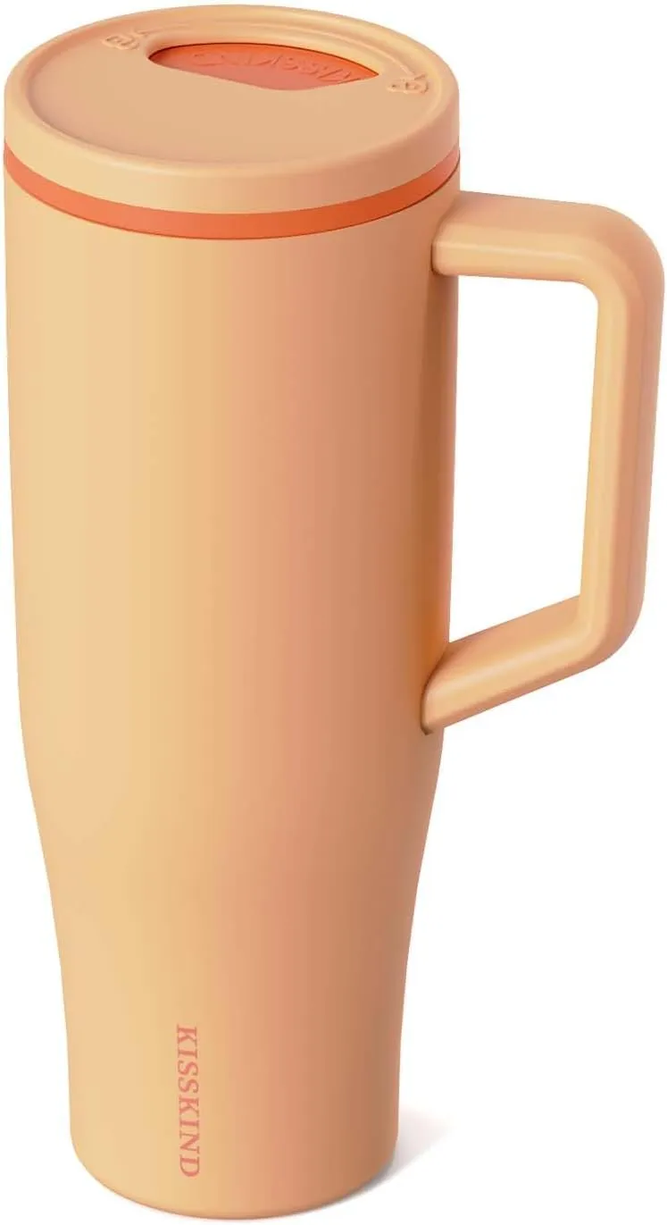 KISSKIND 40 oz Tumbler with Handle and Straw | 100% Leakproof Insulated Tumbler with Lid and Straw | Stainless Steel Water Bottle | Cup Holder Friendly Base | Orange