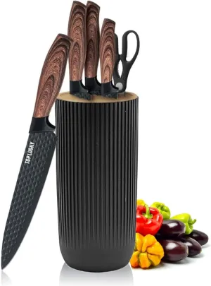 Kitchen Block Knife Sets, 6-Pieces Black Chef Knife Set with Removable Round Block, Non-stick & Non-slip Stainless Steel Sharp Knife Set for Restaurant Home Cooking, Gifts for Mom Wife Girl (Black)