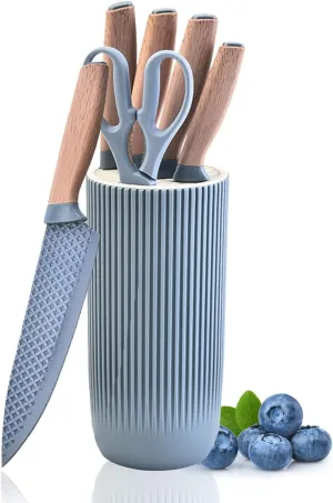 Kitchen Block Knife Sets, 6-Pieces Blue Chef Knife Set with Removable Round Block, Non-stick & Non-slip Stainless Steel Sharp Knife Set for Restaurant Home Cooking, Gifts for Mom Wife Girl (Blue)