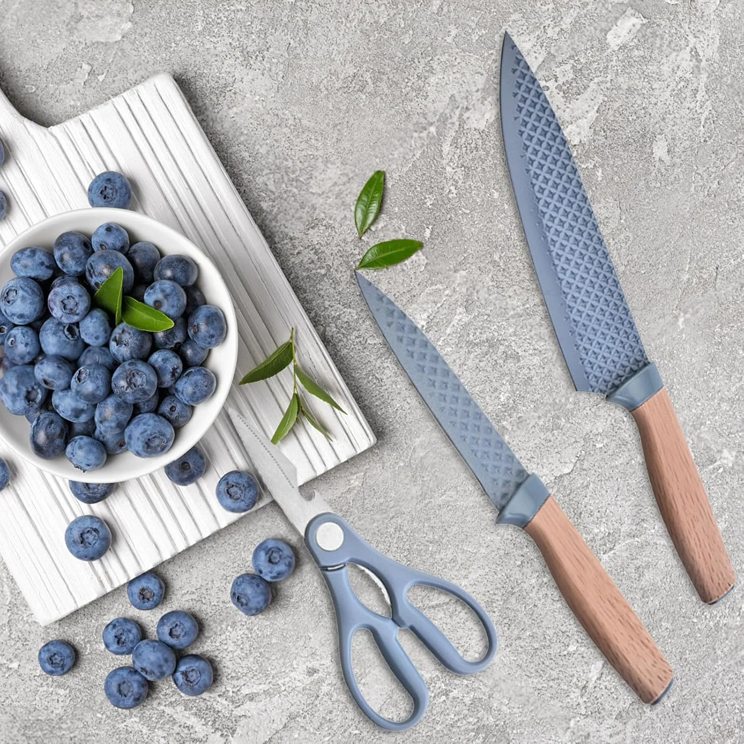 Kitchen Block Knife Sets, 6-Pieces Blue Chef Knife Set with Removable Round Block, Non-stick & Non-slip Stainless Steel Sharp Knife Set for Restaurant Home Cooking, Gifts for Mom Wife Girl (Blue)
