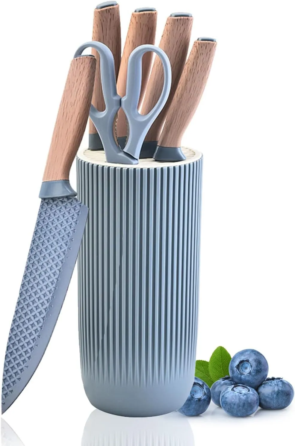 Kitchen Block Knife Sets, 6-Pieces Blue Chef Knife Set with Removable Round Block, Non-stick & Non-slip Stainless Steel Sharp Knife Set for Restaurant Home Cooking, Gifts for Mom Wife Girl (Blue)