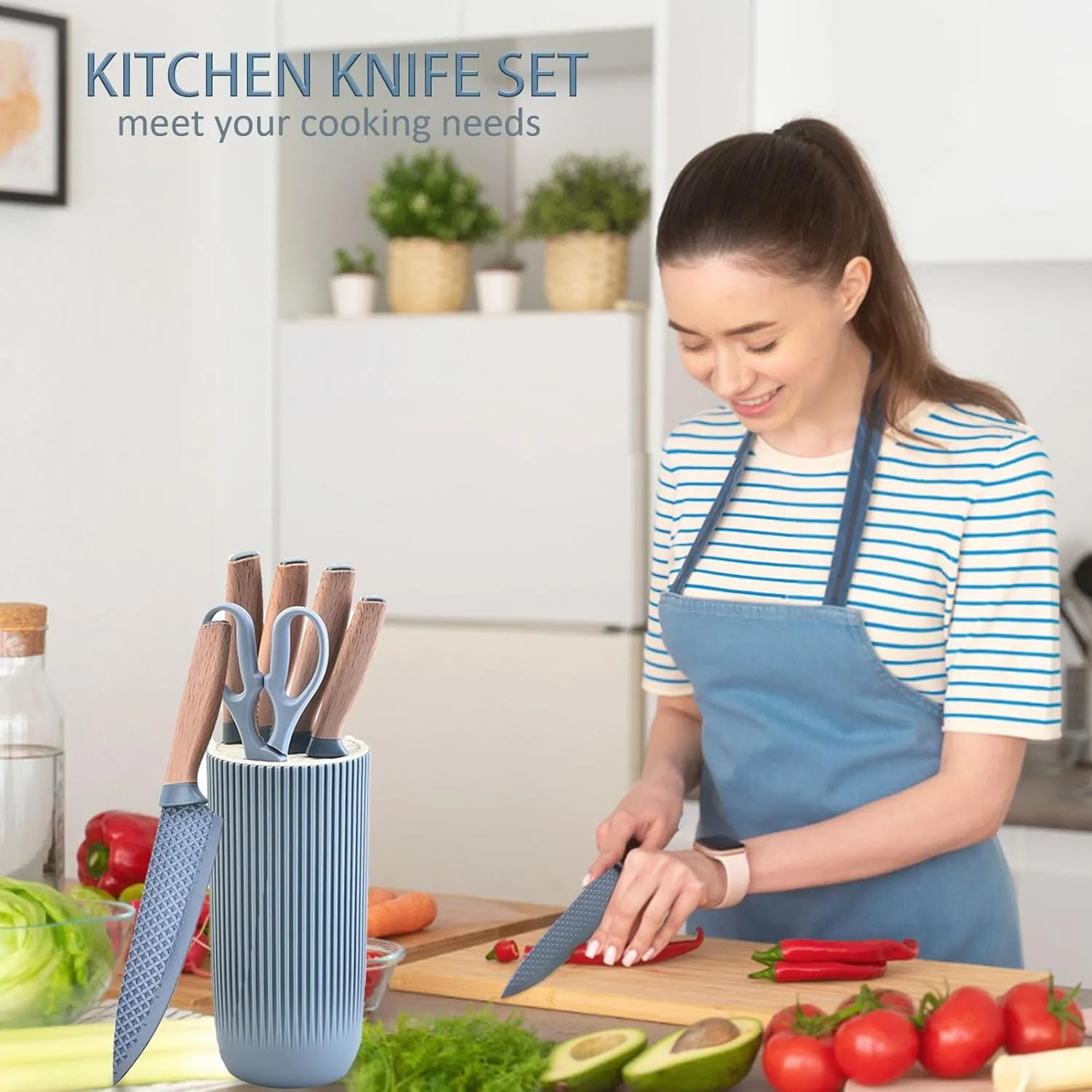 Kitchen Block Knife Sets, 6-Pieces Blue Chef Knife Set with Removable Round Block, Non-stick & Non-slip Stainless Steel Sharp Knife Set for Restaurant Home Cooking, Gifts for Mom Wife Girl (Blue)