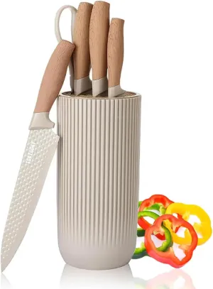 Kitchen Block Knife Sets, 6-Pieces Khaki Chef Knife Set with Removable Round Block, Non-stick & Non-slip Stainless Steel Sharp Knife Set for Restaurant Home Cooking, Gifts for Mom Wife Girl (Khaki)