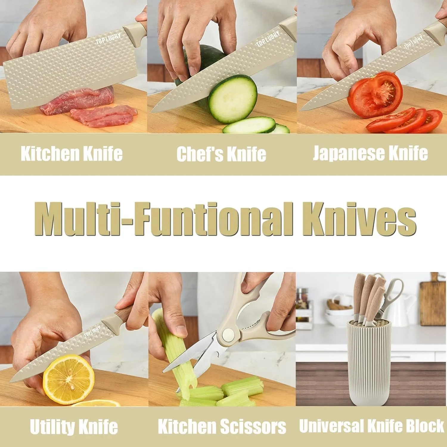 Kitchen Block Knife Sets, 6-Pieces Khaki Chef Knife Set with Removable Round Block, Non-stick & Non-slip Stainless Steel Sharp Knife Set for Restaurant Home Cooking, Gifts for Mom Wife Girl (Khaki)