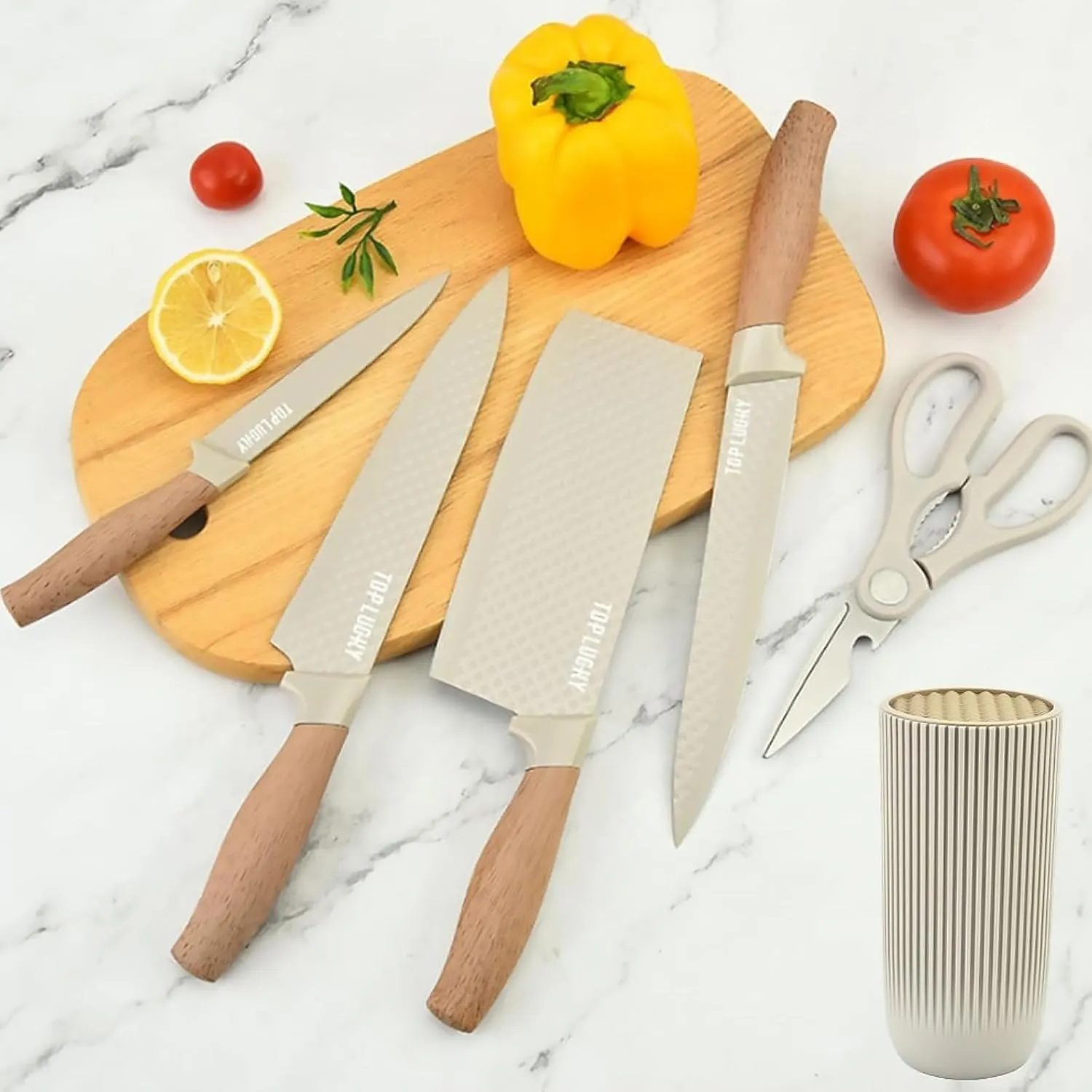Kitchen Block Knife Sets, 6-Pieces Khaki Chef Knife Set with Removable Round Block, Non-stick & Non-slip Stainless Steel Sharp Knife Set for Restaurant Home Cooking, Gifts for Mom Wife Girl (Khaki)