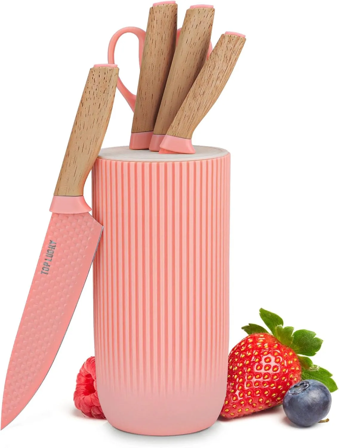 Kitchen Block Knife Sets, 6-Pieces Pink Chef Knife Set with Removable Round Block, Non-stick & Non-slip Stainless Steel Sharp Knife Set for Restaurant Home Cooking, Gifts for Mom Wife Girl (Pink)