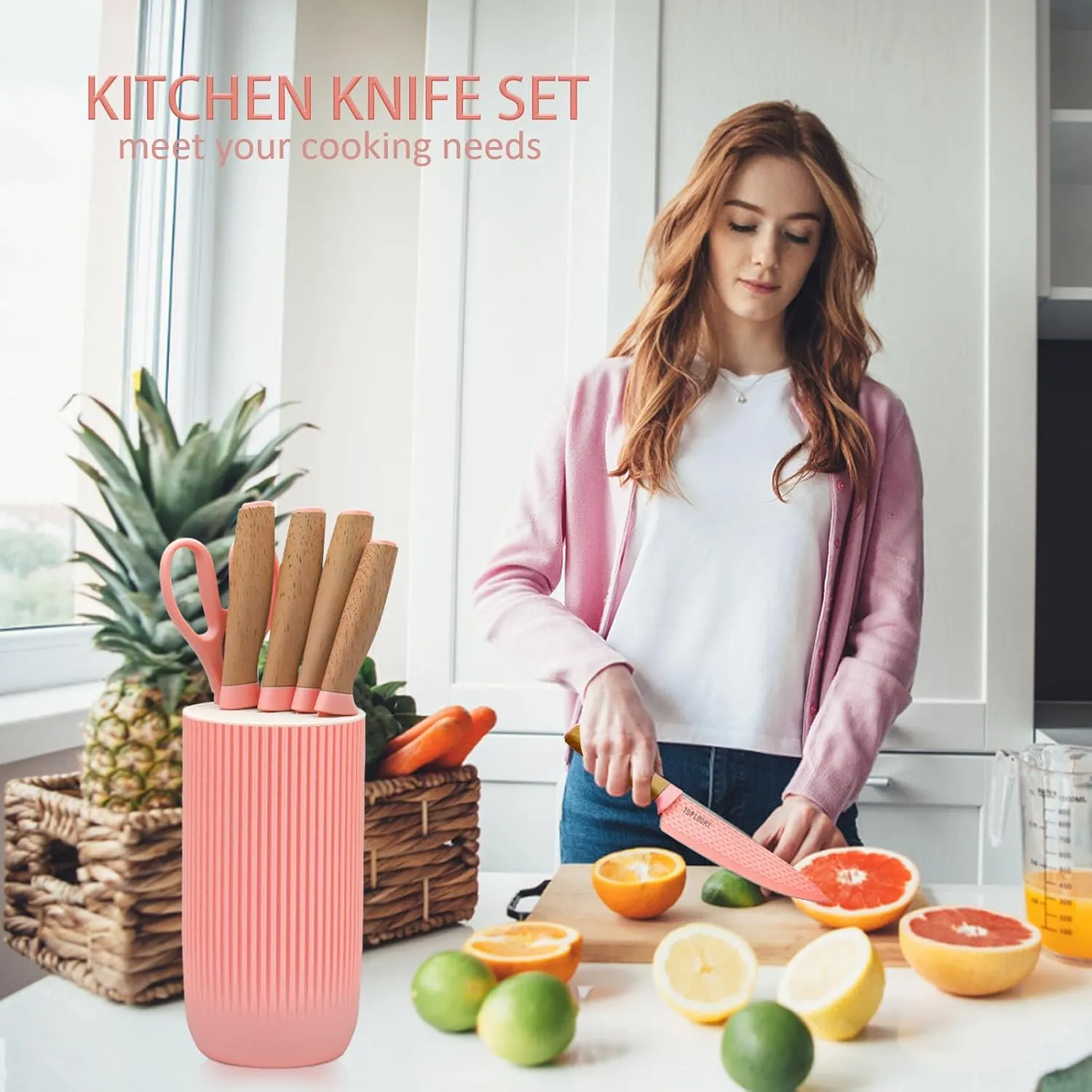 Kitchen Block Knife Sets, 6-Pieces Pink Chef Knife Set with Removable Round Block, Non-stick & Non-slip Stainless Steel Sharp Knife Set for Restaurant Home Cooking, Gifts for Mom Wife Girl (Pink)