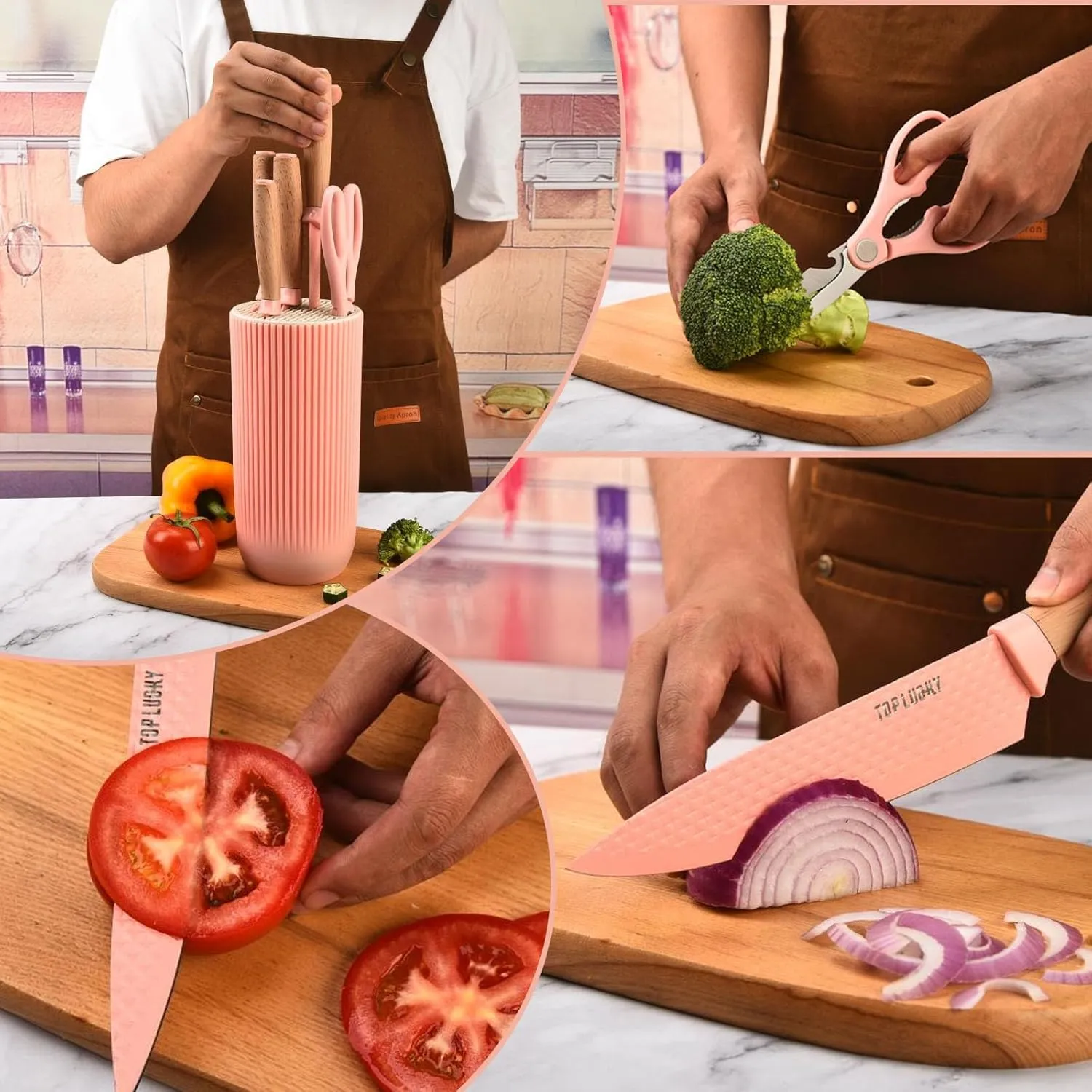 Kitchen Block Knife Sets, 6-Pieces Pink Chef Knife Set with Removable Round Block, Non-stick & Non-slip Stainless Steel Sharp Knife Set for Restaurant Home Cooking, Gifts for Mom Wife Girl (Pink)