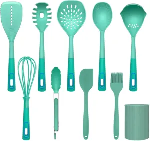 Kitchen Helper Set 9-Piece Soup Ladle Set Non-Slip Handle Non-Stick Cooking Set Kitchen Utensils Cooking Spoon Set Dishwasher Safe,Green