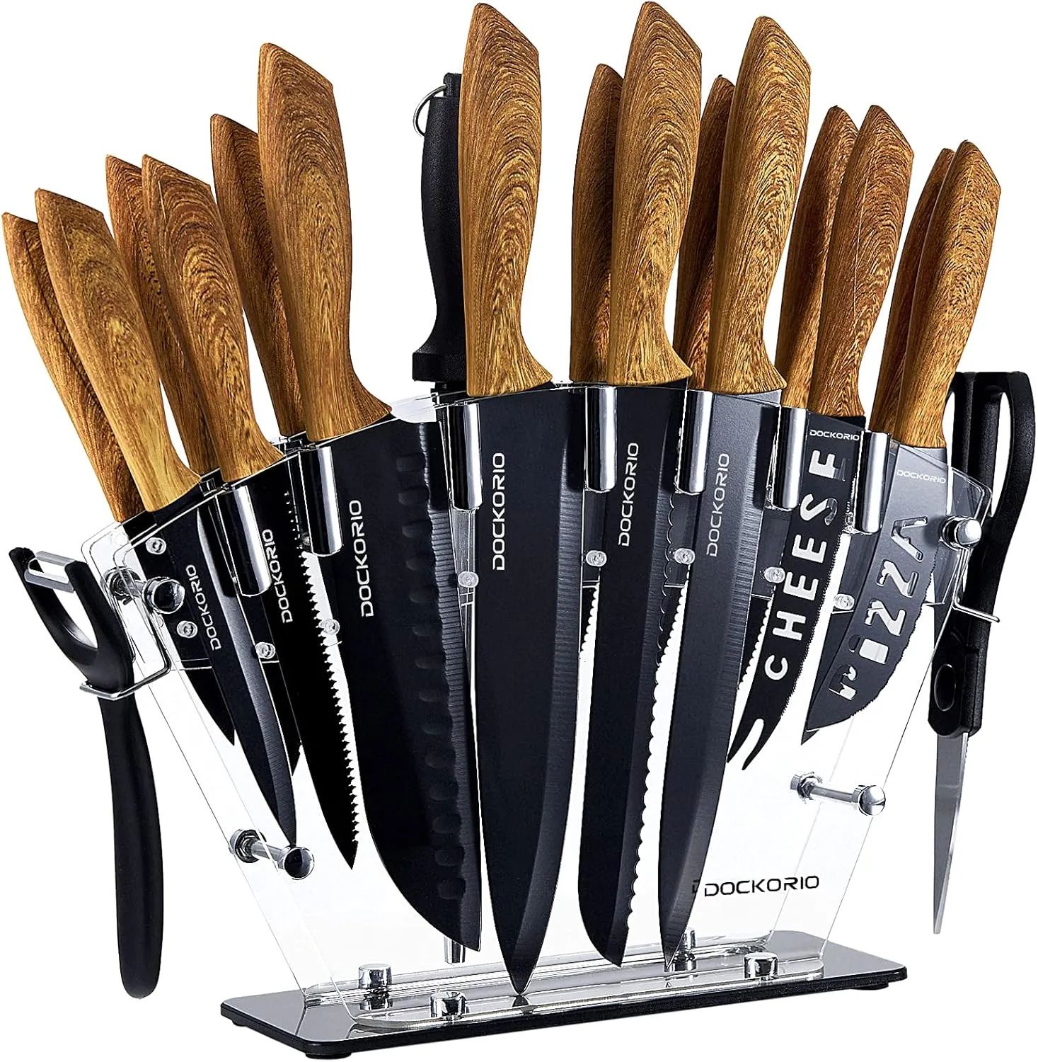 Kitchen Knife Set with Block, all in one 19 PCS High Carbon Stainless Steel Sharp Serrated Steak Knives Set, Chef Knives, Bread Knife, Scissor, Sharpener