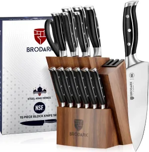 Kitchen Knife Set with Block, Full Tang 15 Pcs Professional Chef Knife Set with Knife Sharpener, Food Grade German Stainless Steel Knife Block Set, Steel-king Series for Fathers Day